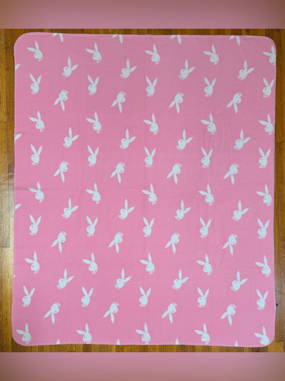 VTG Y2K Playboy Bunny Reversible Pink White Fleece Throw Blanket 50x60"